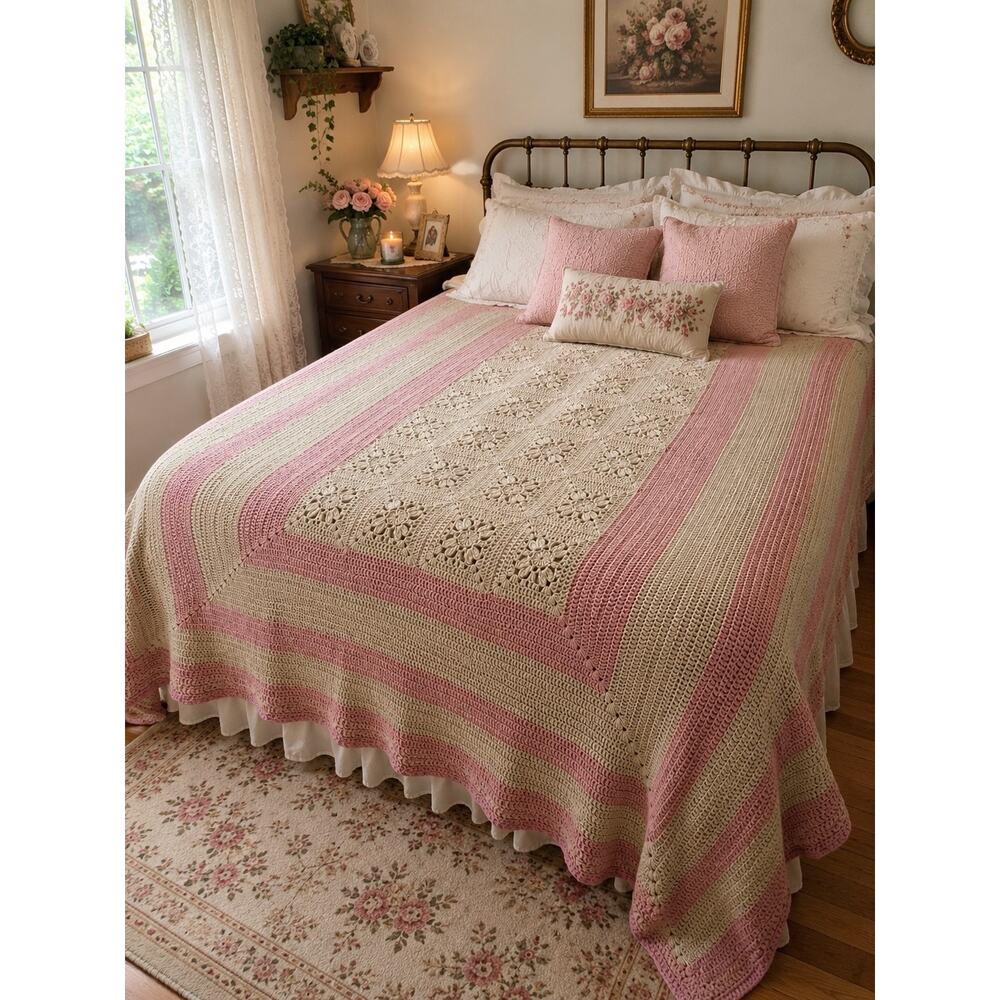 Vintage 1980s Crochet Blanket Pink Beige King Size Cottagecore Bedspread